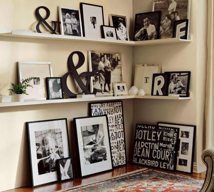 Open shelves with family photos
