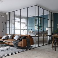 Bedroom in a glass cube with curtains
