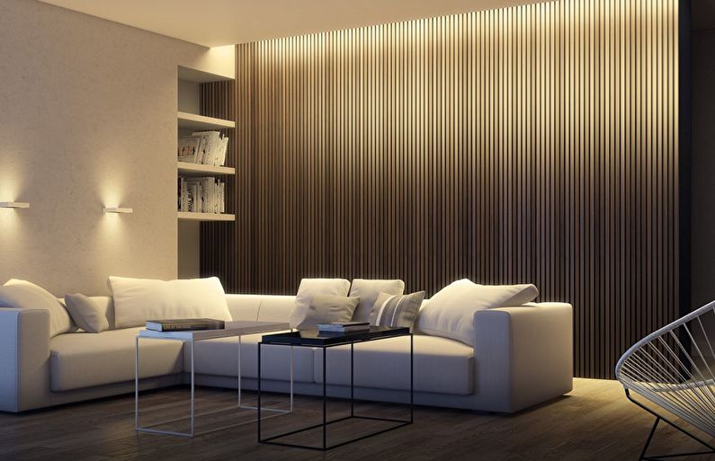 Walls with vertical lines in a low-ceilinged living room