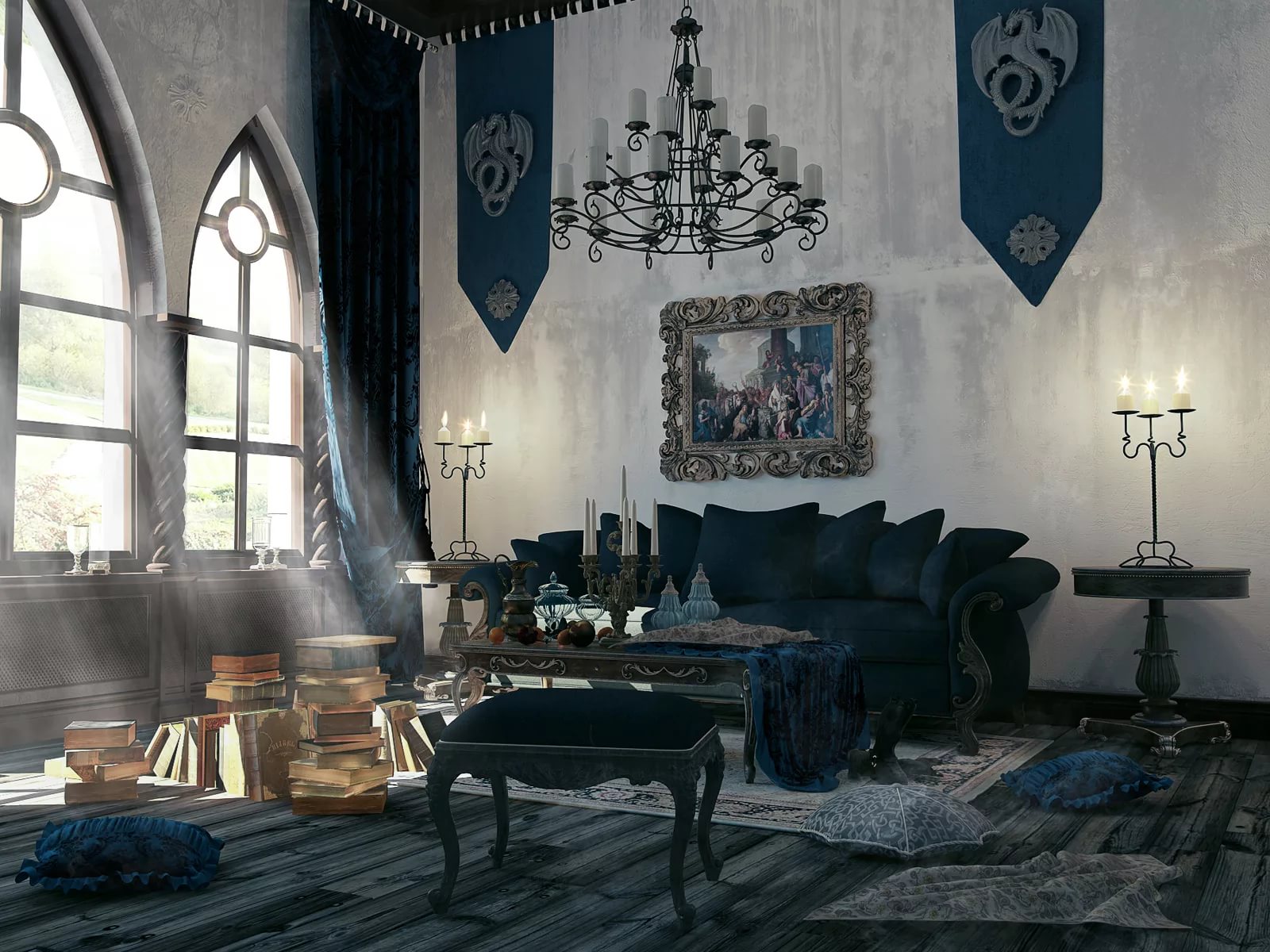 Gothic living room dimmed lighting