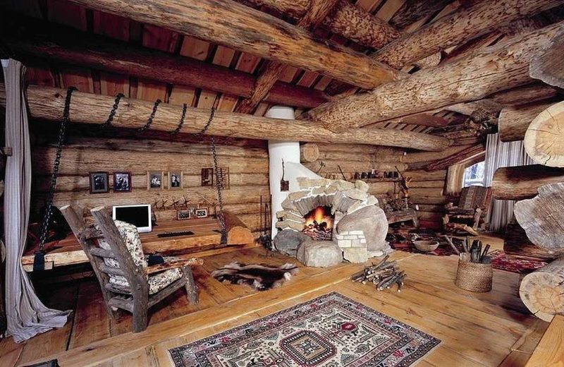 The interior of the log house with a rough finish
