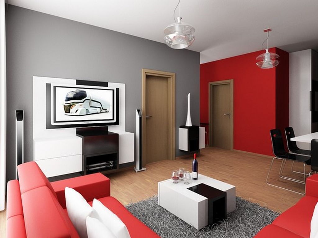 Red color in the interior of the living room in high-tech style