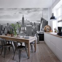 Black and white photo wallpaper on the kitchen wall