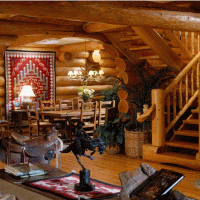 Interior of a wooden house with a staircase