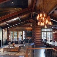The interior of a large living room in a log house