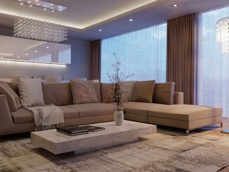 LED ceiling lighting in a modern living room
