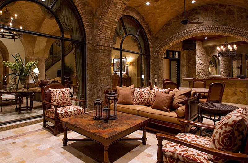 Stone columns with arches in the interior of the living room in the style of the castle