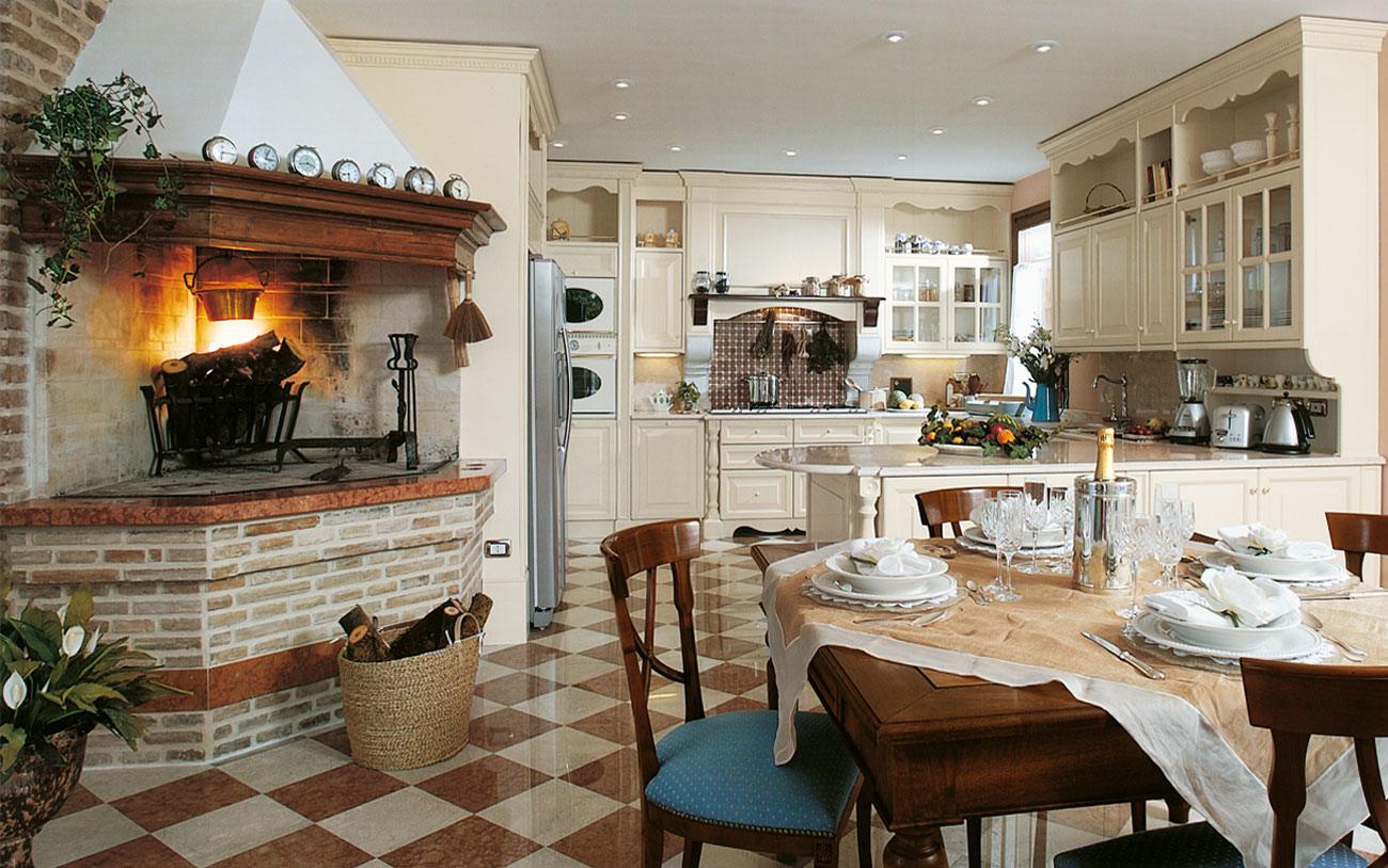 Italian cuisine interior with fireplace