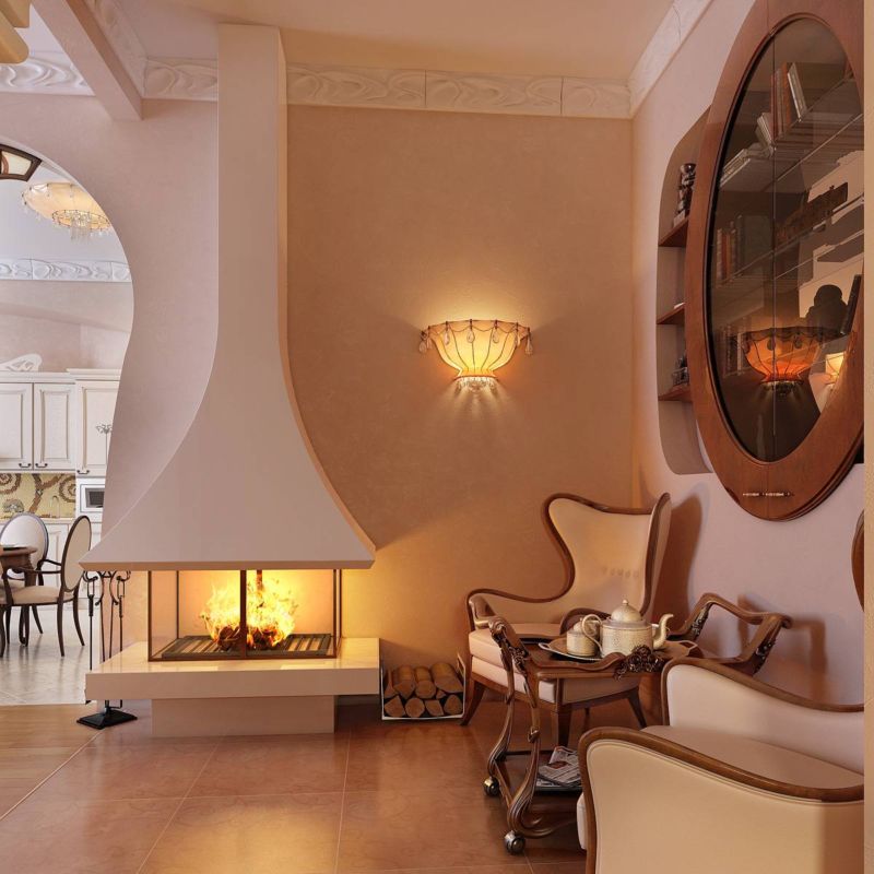 A comfortable armchair in front of the fireplace in the Art Nouveau living room