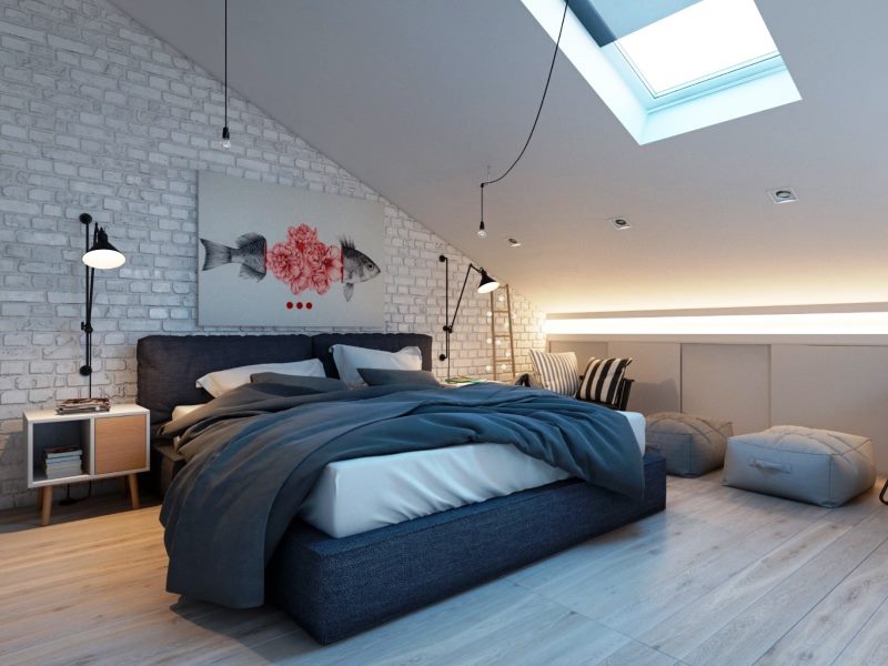 Il design della camera da letto in soffitta in bianco