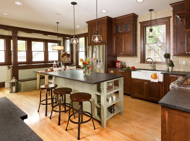 Spacious kitchen with wooden furniture