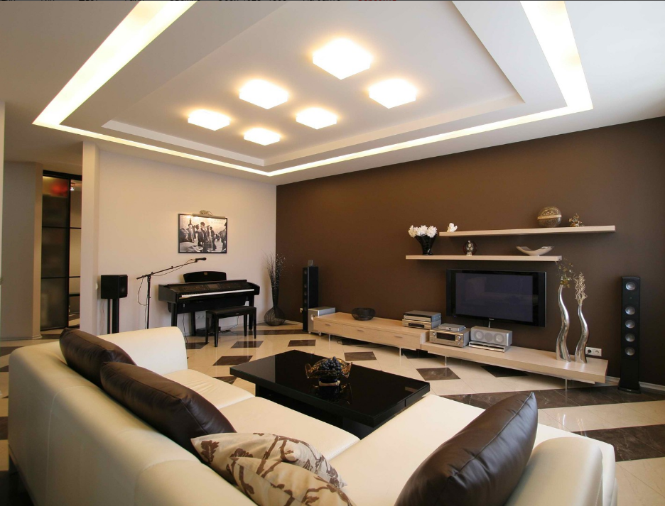 Brown wall in a beige living room interior