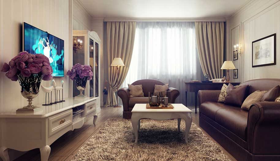 Leather sofa in the living room with beige walls