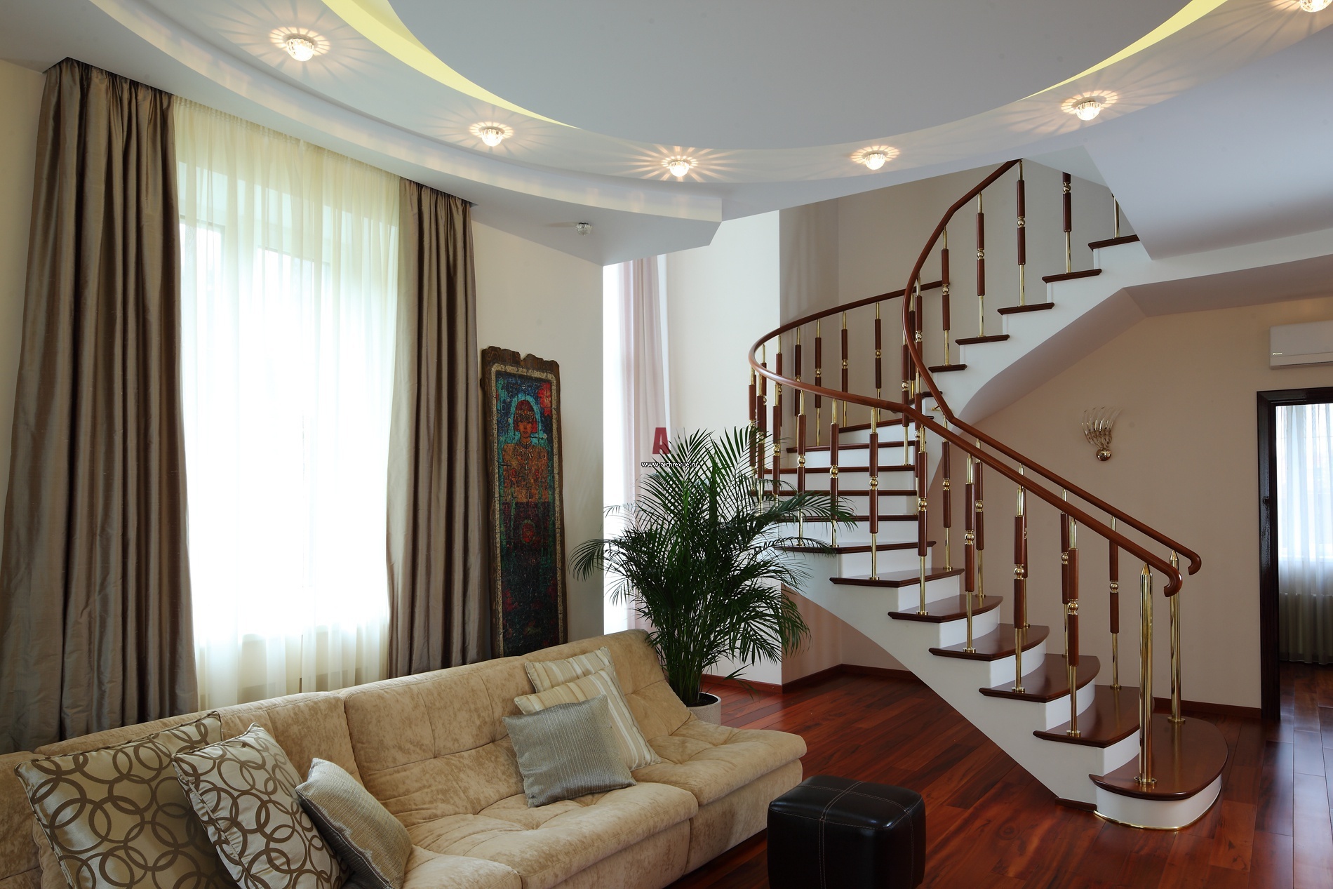 Beautiful staircase in the living room of a private house