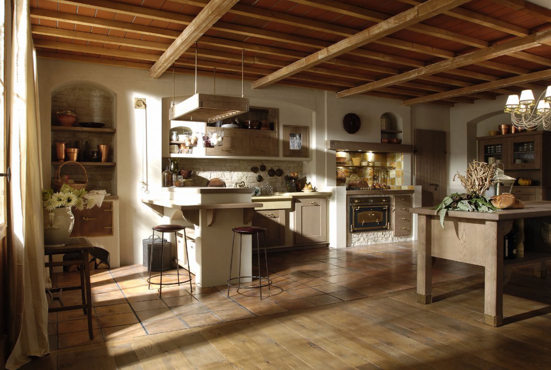 Wooden floor in the kitchen with Italian furniture