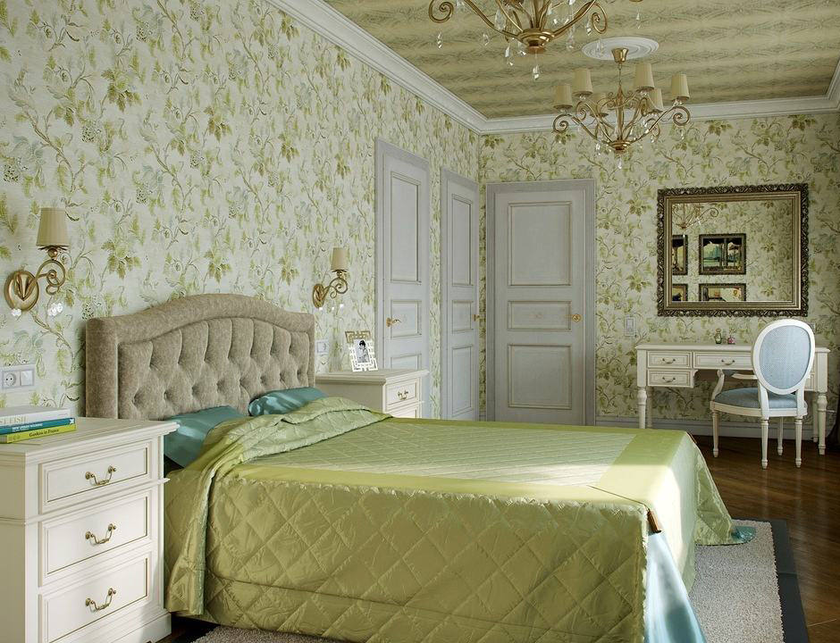 Camera da letto in stile classico con carta da parati floreale