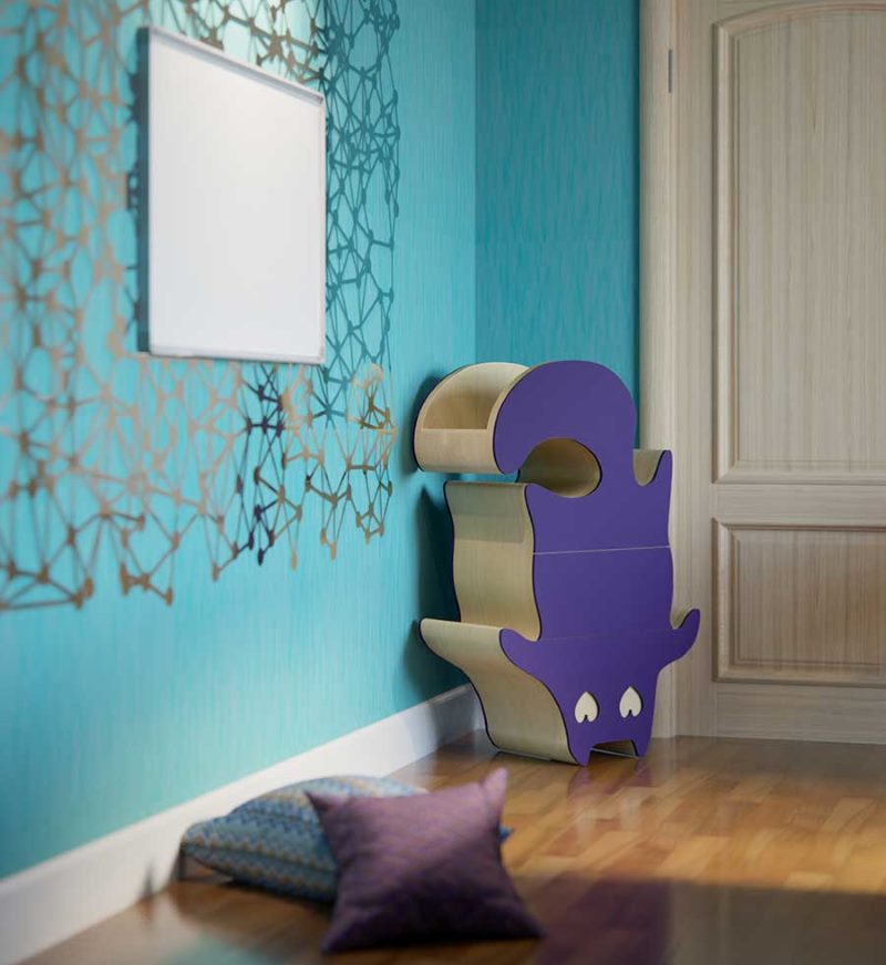 Violet curbstone in the form of a cat in a children's room