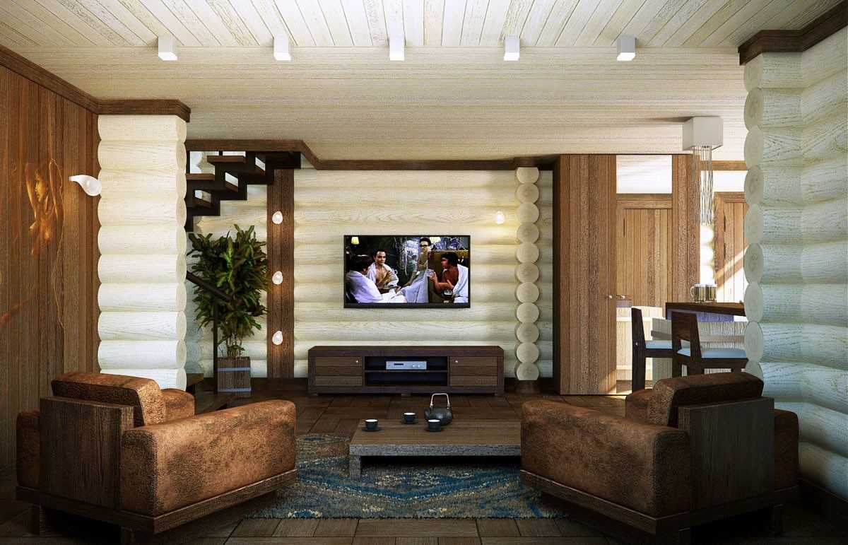 Design of a bright living room in a log house