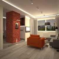 Red brick column between kitchen and living room