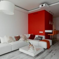 Red wall in the living room of a panel house