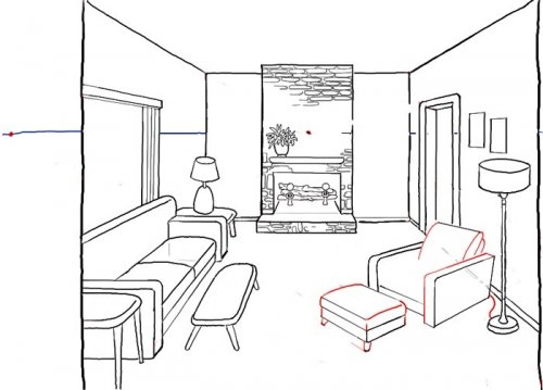 Design sketch of a living room in black and white