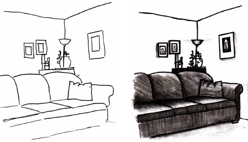 An example of a drawn sofa in a room design
