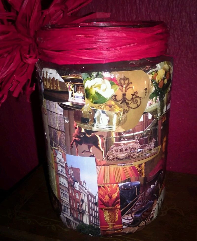 Collage of magazine clippings on a glass jar.