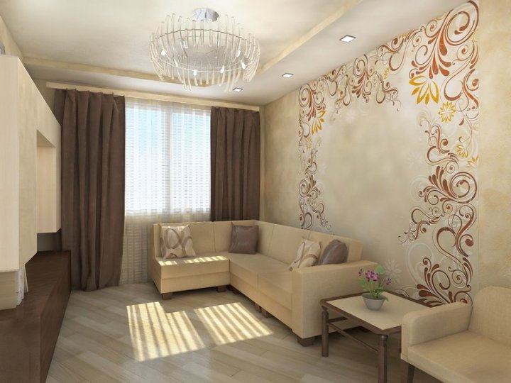 Interior of a living room of a panel house in beige color