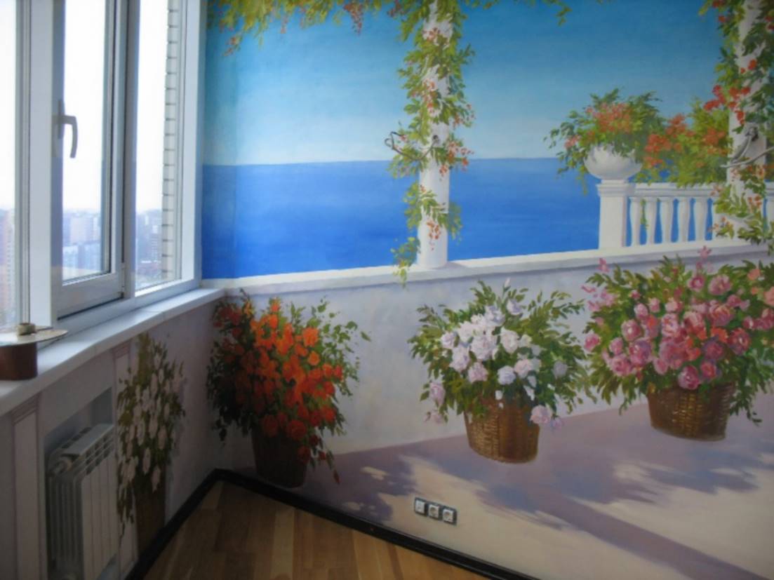 Decoration of the walls of the balcony with artistic painting