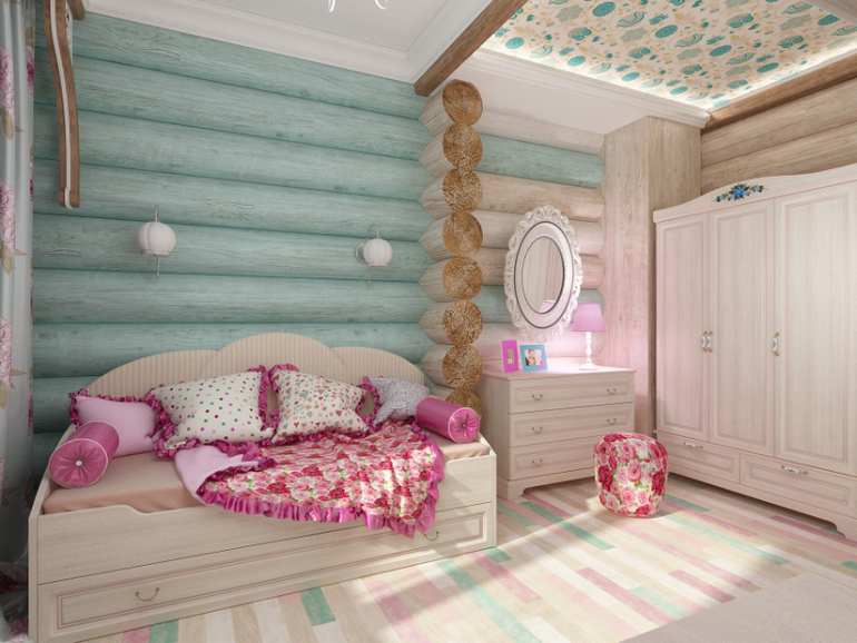 Interior of a children's room for a girl in a log house