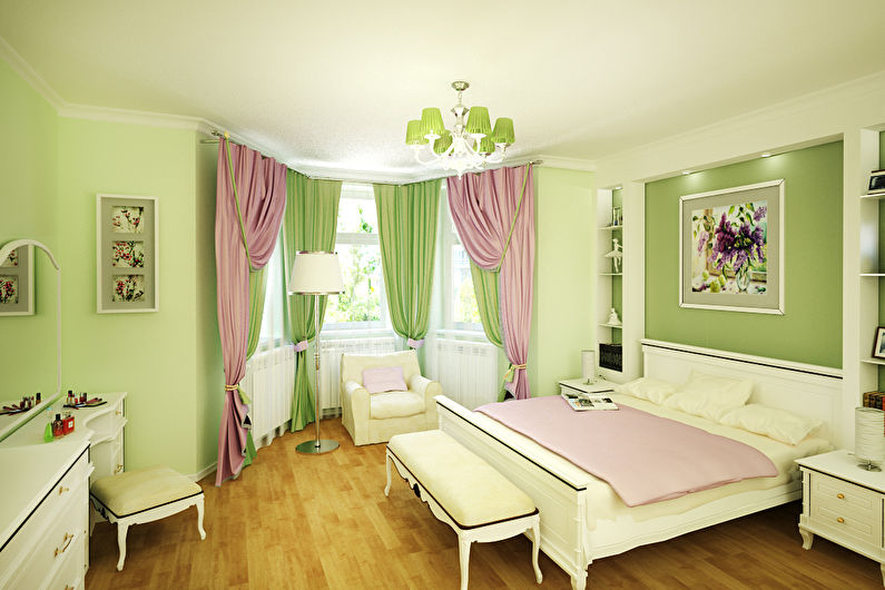 Green curtains in the classic bedroom