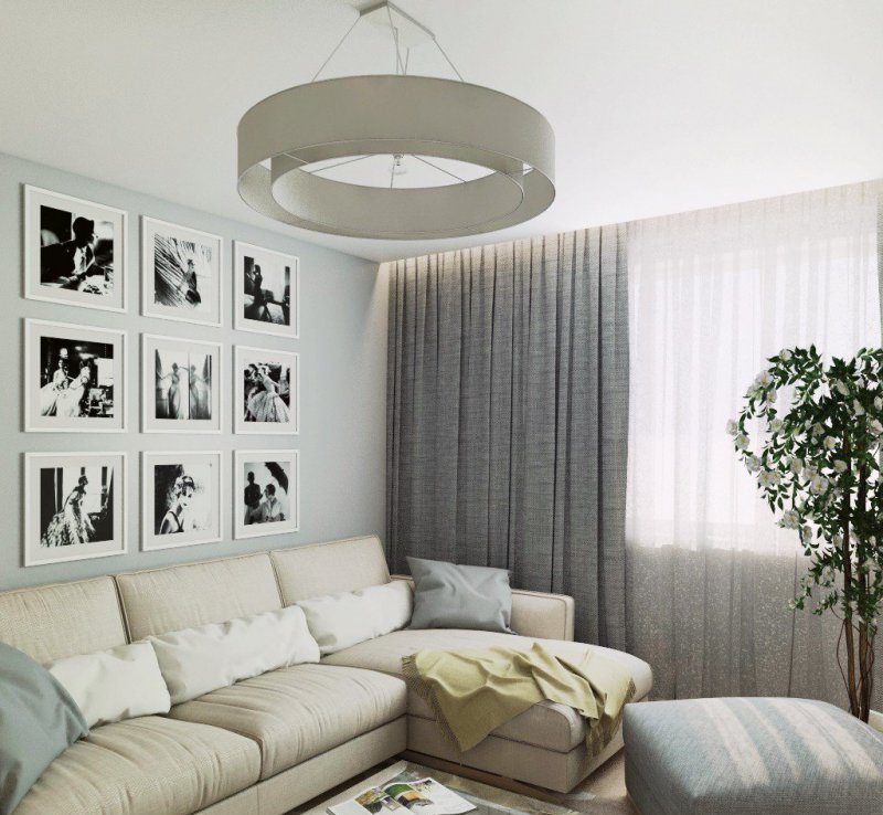 Gray curtains on the window of the living room Khrushchev in high-tech style
