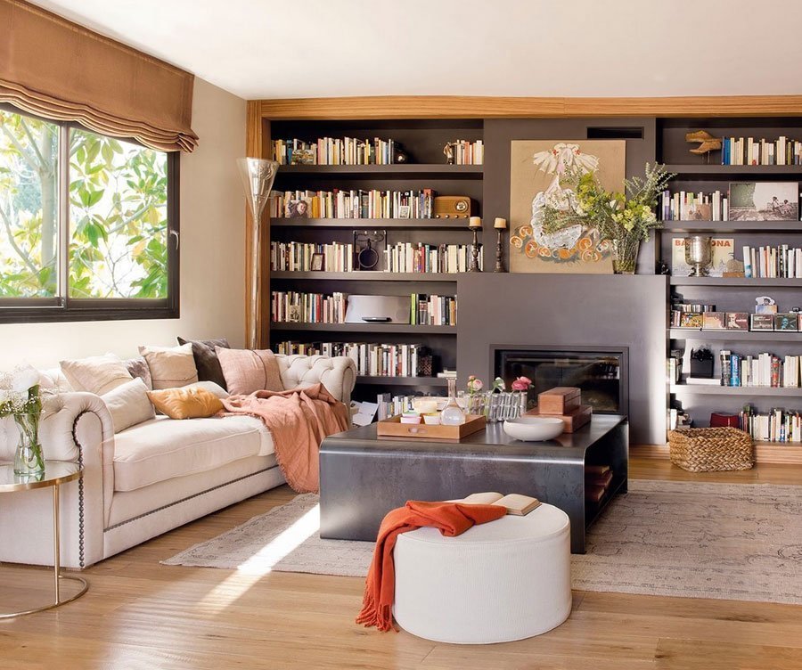 Gray shelving with books in the living room