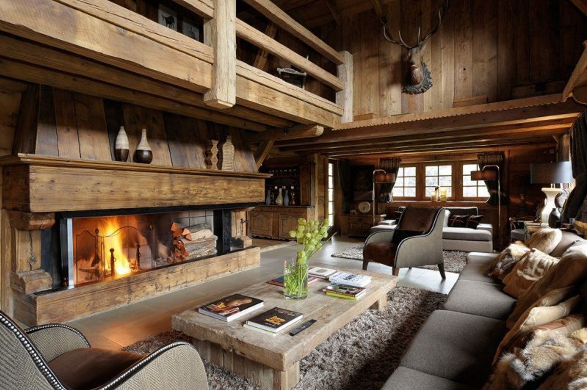Interior of a large living room in a chalet-style country house