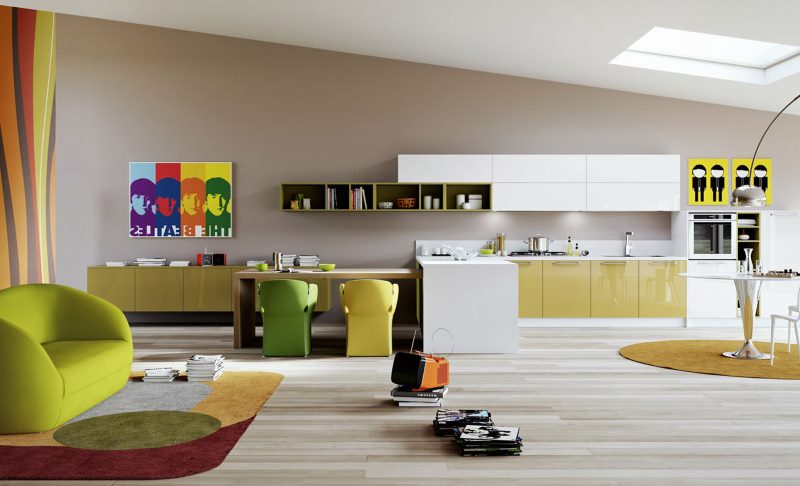 Design kitchen-living room in pop art style.