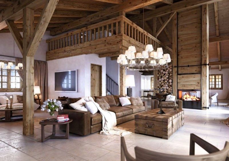 Interior of a large living room in the style of an alpine chalet