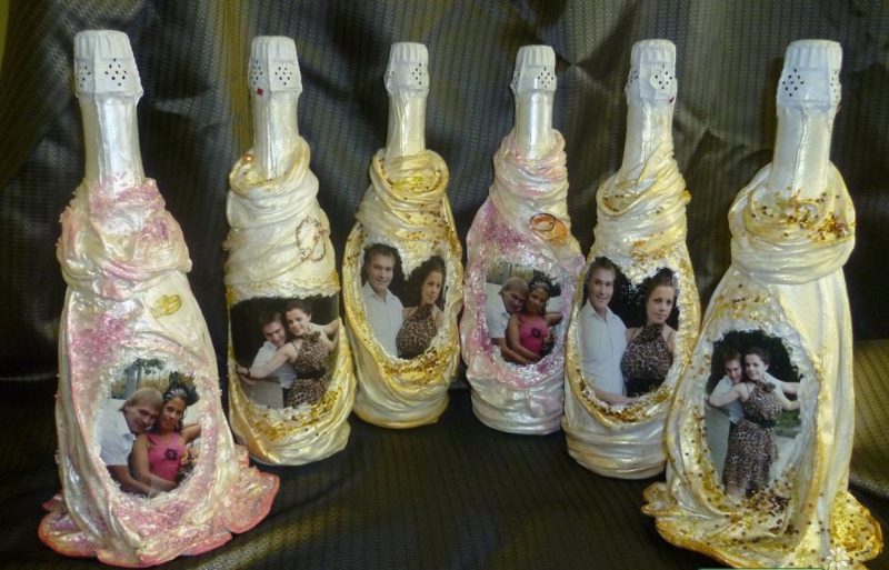 Do-it-yourself decoration of champagne bottles for a wedding