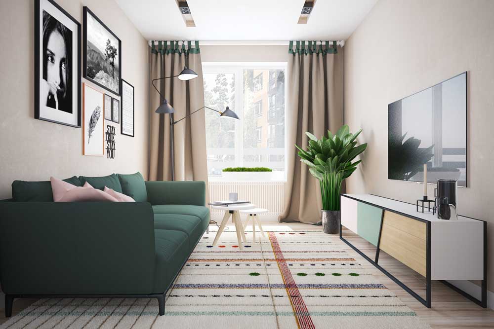 Canapé vert dans un salon de style scandinave