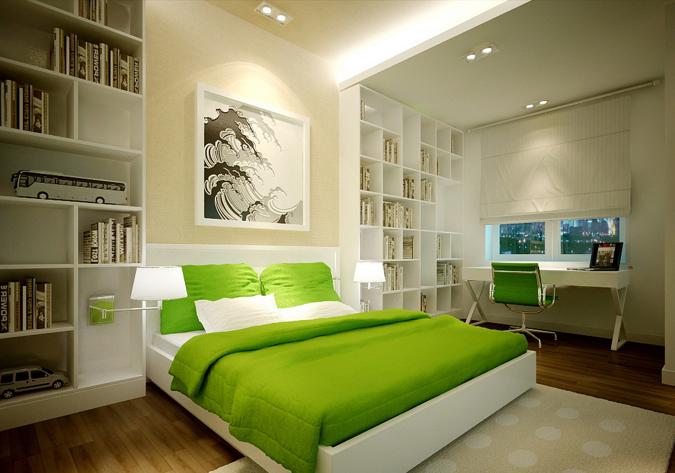 Green bedspread on a white bed