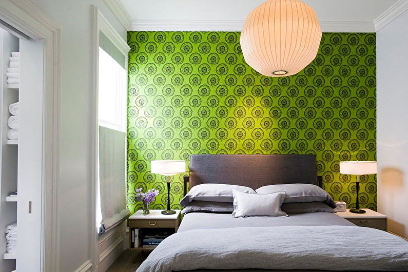 Green wallpaper on the wall of a modern bedroom