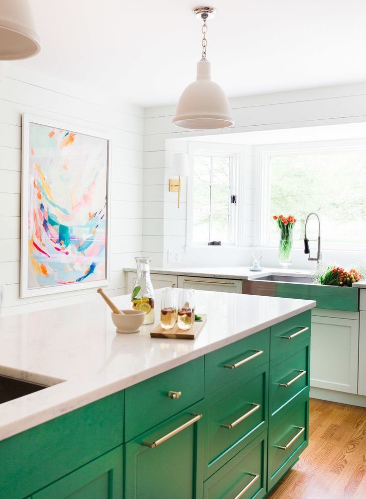 Kitchen island with green drawers