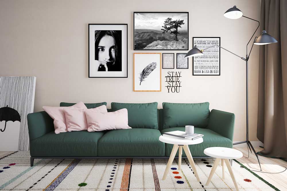 Photo decoration of a wall over a dark green sofa
