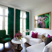 Emerald curtains in a white living room