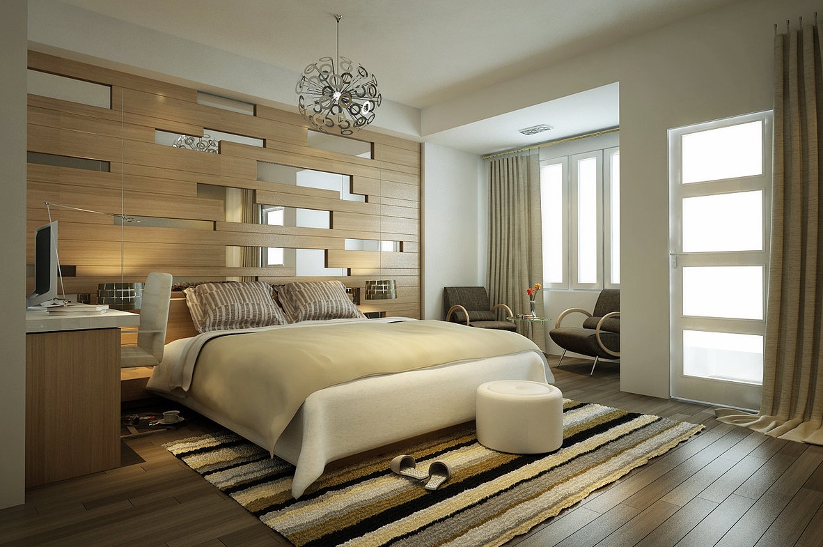 Wall decoration of a modern bedroom with panels and mirrors