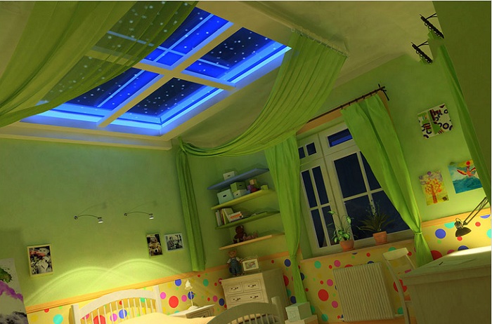 Night sky with stars in a false window on the ceiling of a children's room