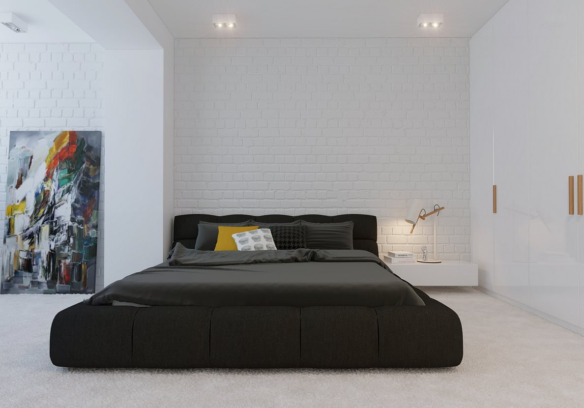 Black bed in a minimalist style bedroom