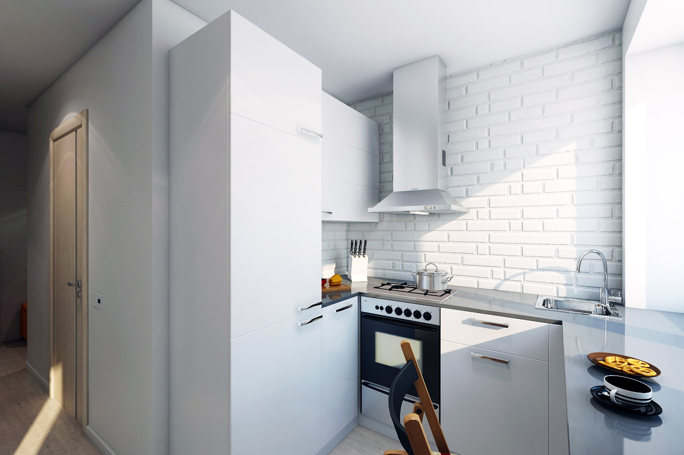 Small kitchen with a white brick wall