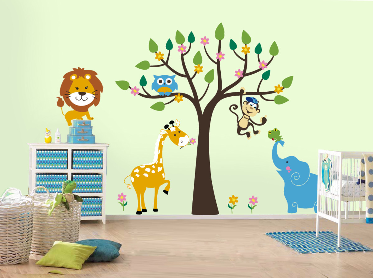 Tree and animals on the wall in the children's room