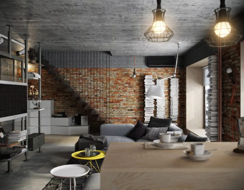 Soffitto in cemento in un soggiorno in stile loft