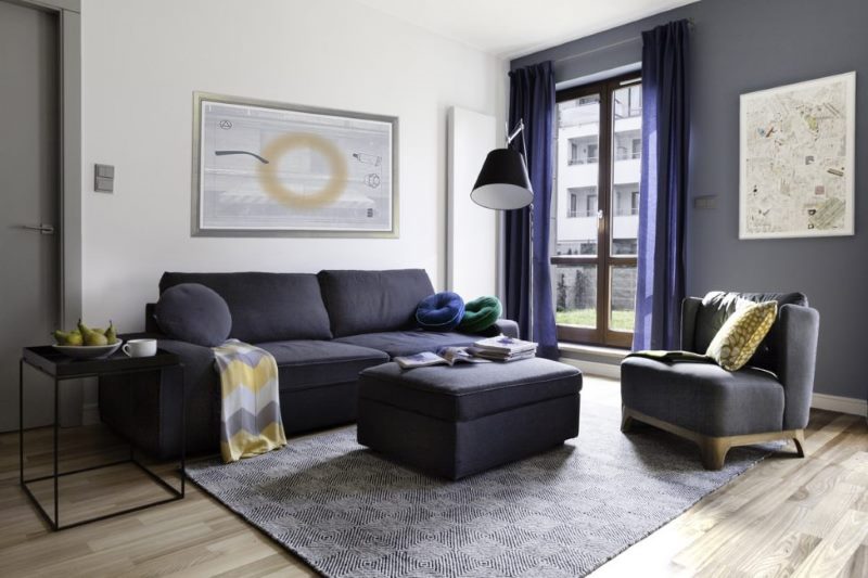 Design a modern living room in denim style
